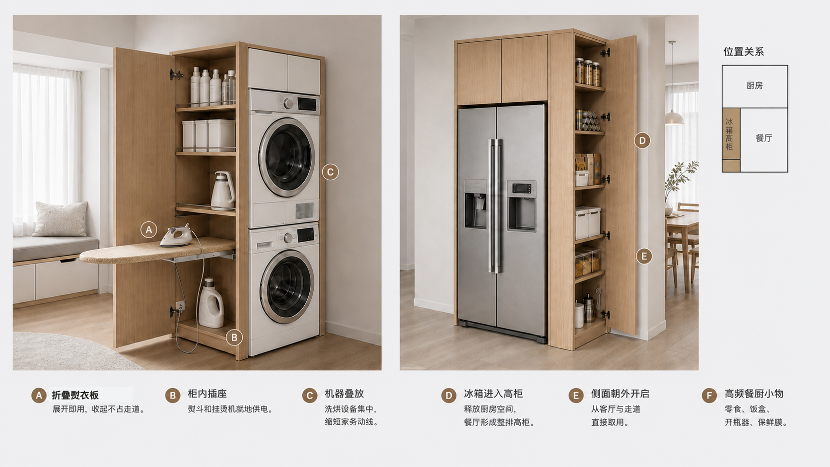 家政柜侧洗烘熨组合与餐厨高柜侧高频物品收纳说明图