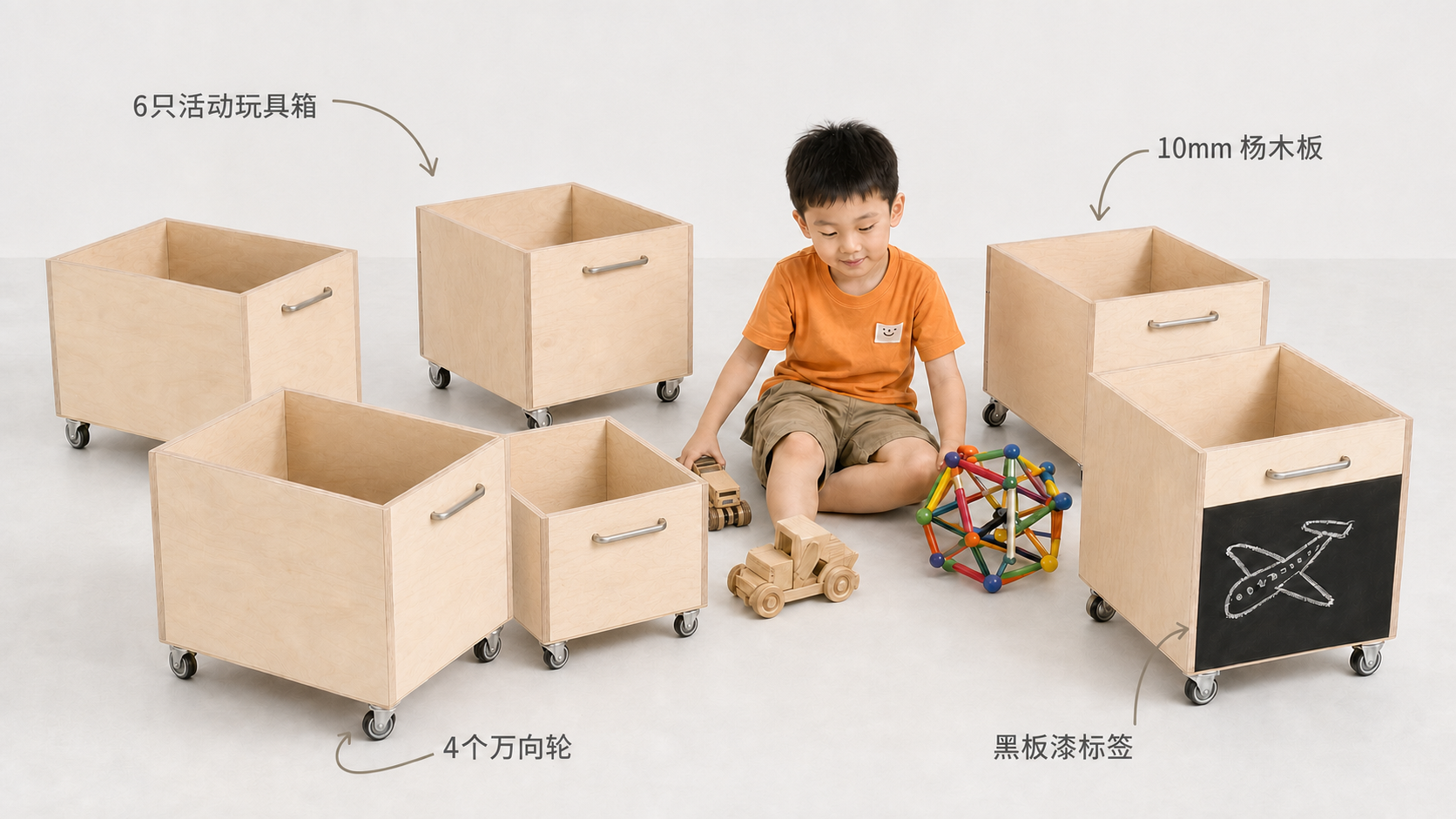 六个可以独立移动和连接的儿童玩具箱