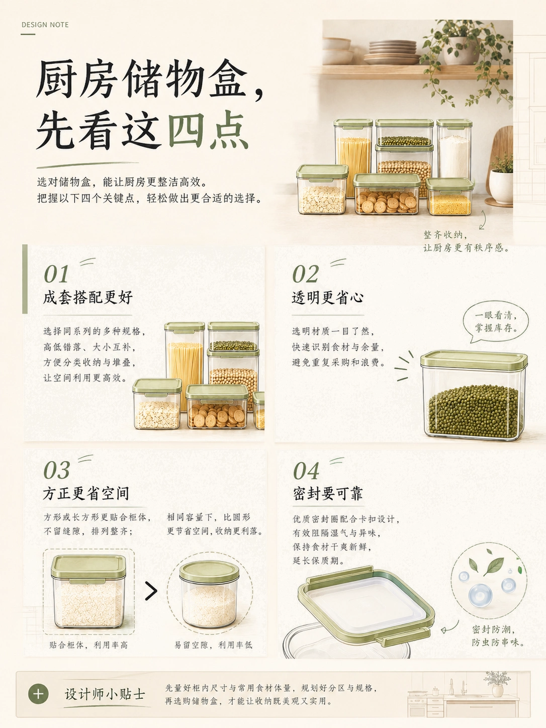 厨房储物盒选择四点，成套、透明、方正、密封