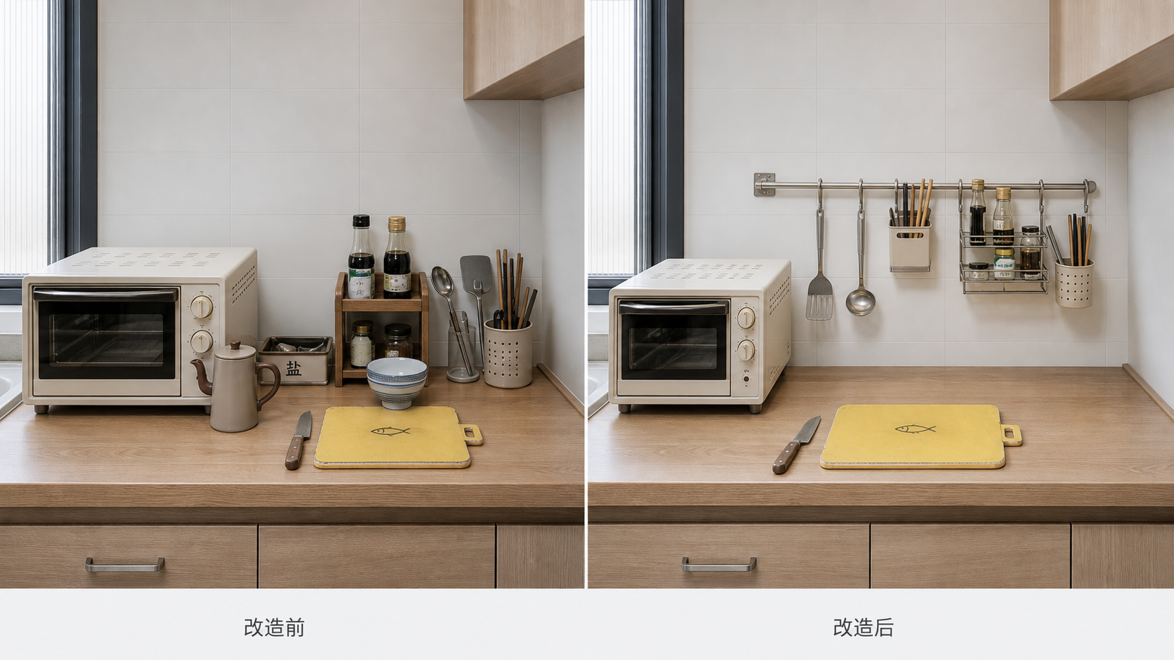 同一厨房台面改造前后对照，改造后工具和调味品上墙，中央备餐区留空