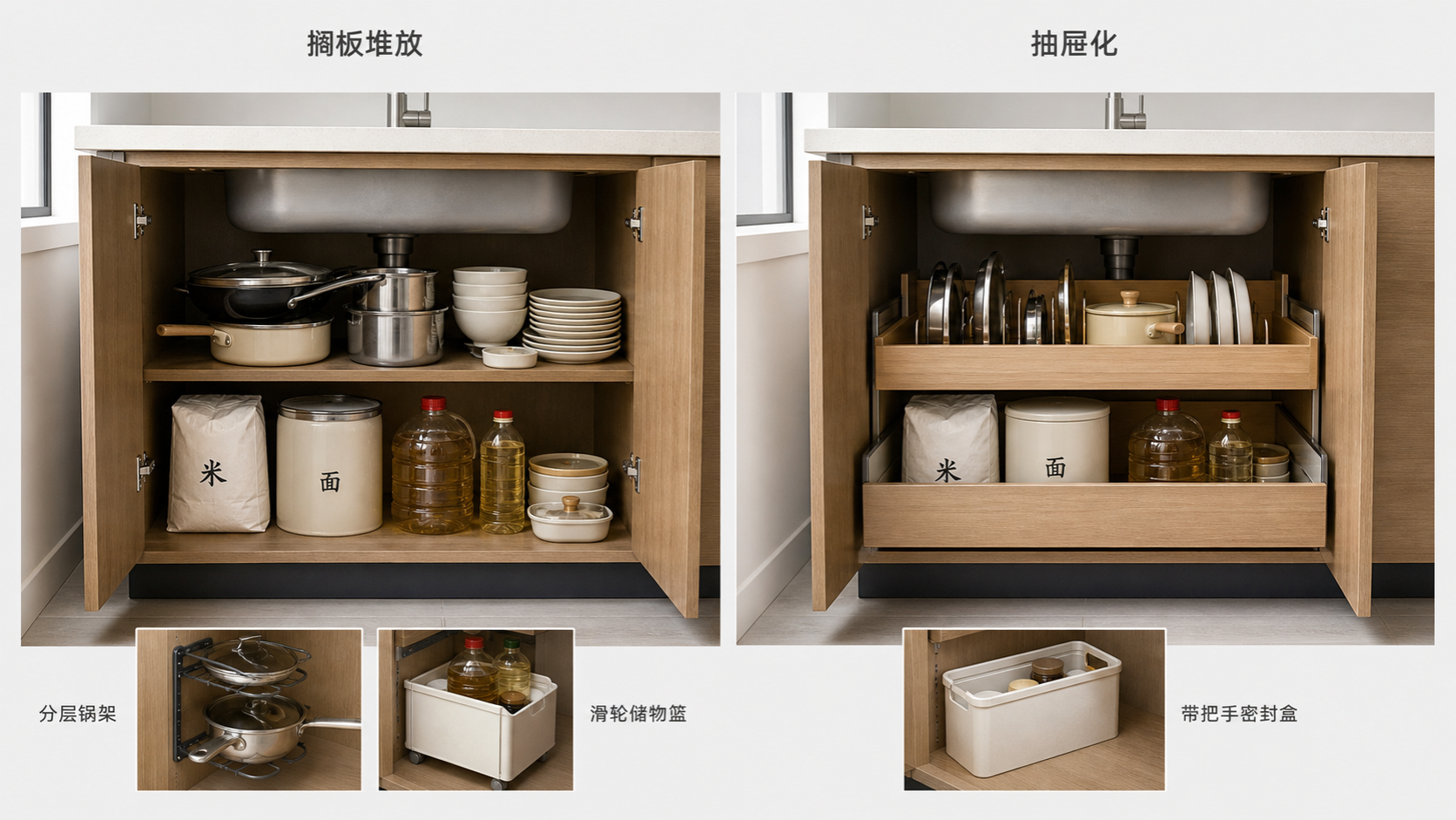 地柜搁板堆放与抽屉化对照，并展示分层锅架、滑轮储物篮和带把手密封盒