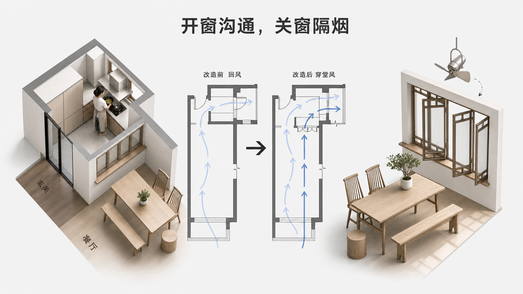 案例一室内窗开启形成穿堂风、关闭隔烟，并在水槽与餐桌之间设置悬挂式小风扇
