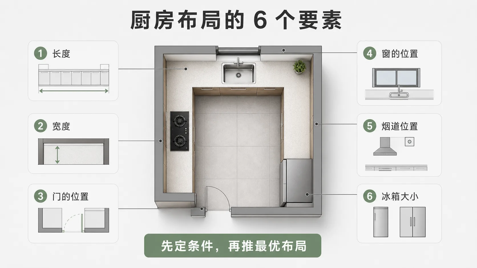 厨房布局的六个前置条件示意图