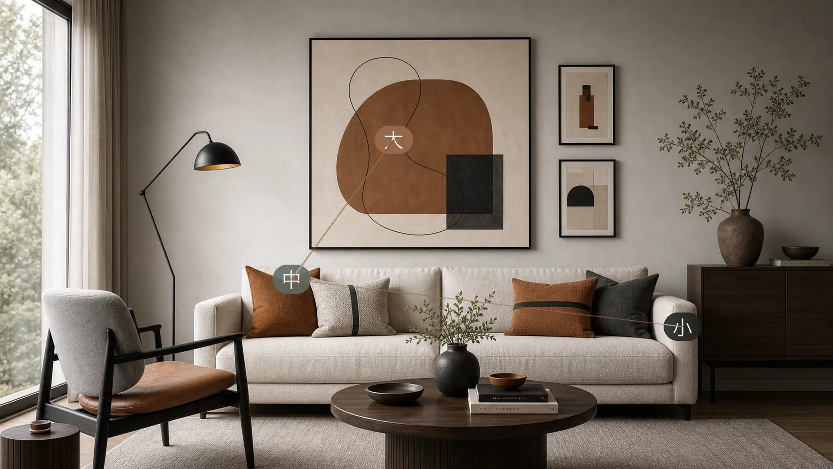 客厅里用前中后标记同一要素在前景椅子、中景沙发和背景挂画中的层次呼应