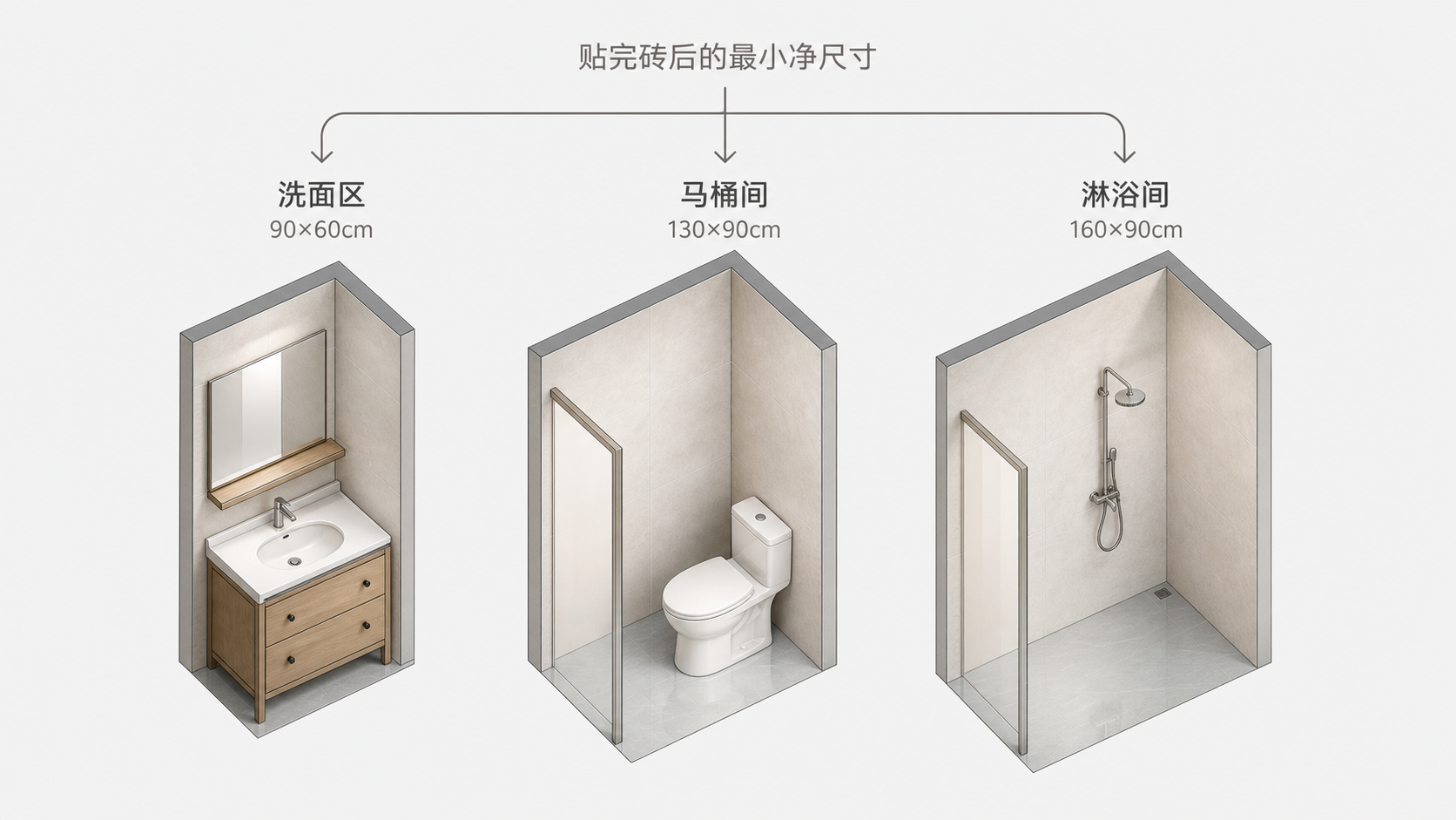 三分离卫生间洗面区九十乘六十厘米、厕位一百三十乘九十厘米、浴室一百六十乘九十厘米的完成面净尺寸