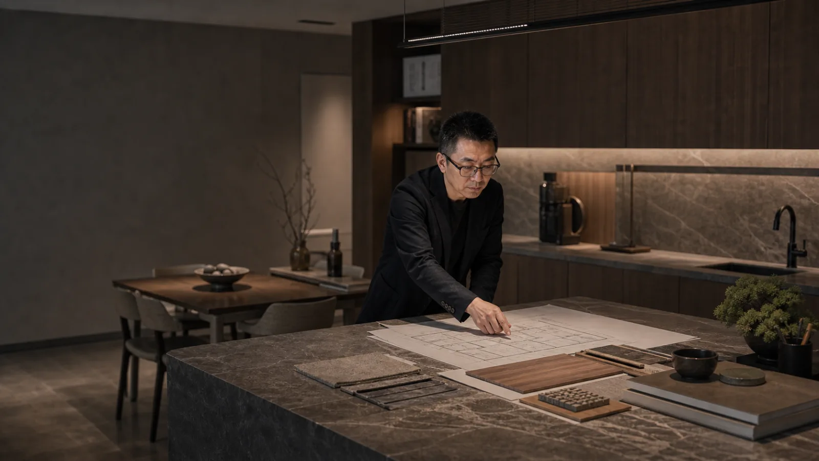 董揅在图纸前梳理住宅空间方案，常州住宅空间设计顾问