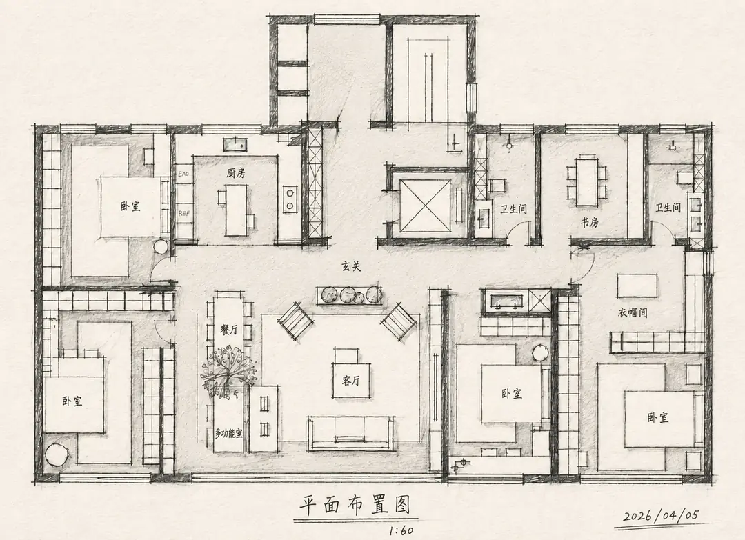 格局推演方案图1，展示户型结构、功能布局、动线优化与空间尺度